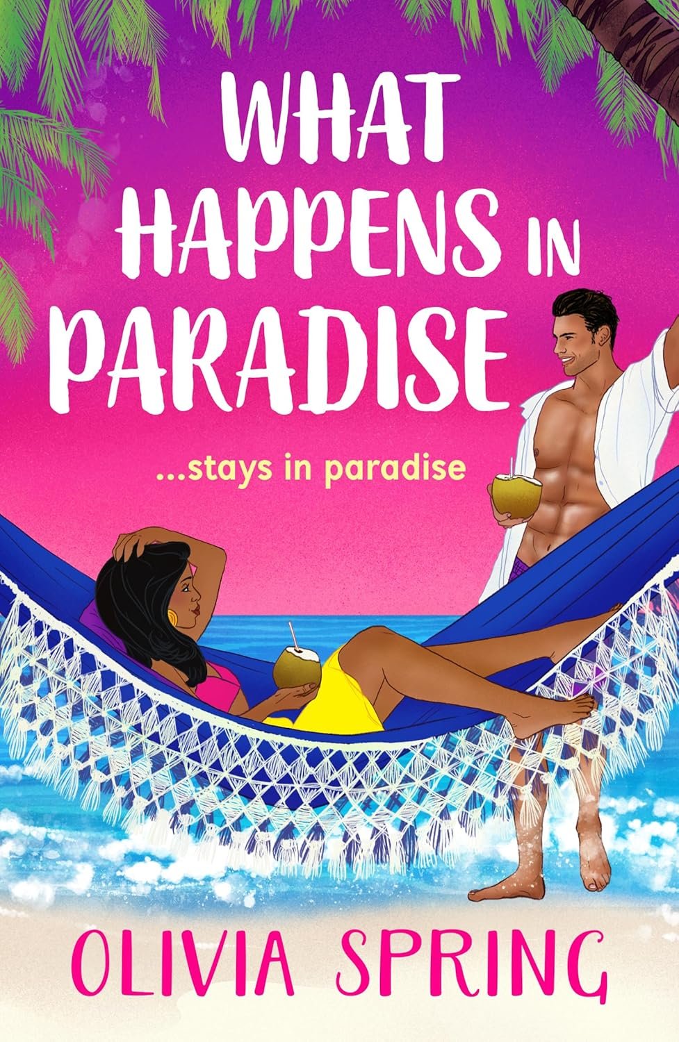 ocean and bright pink sky background, white font, woman on hammock, man in bathing suit holding coconut drinks
