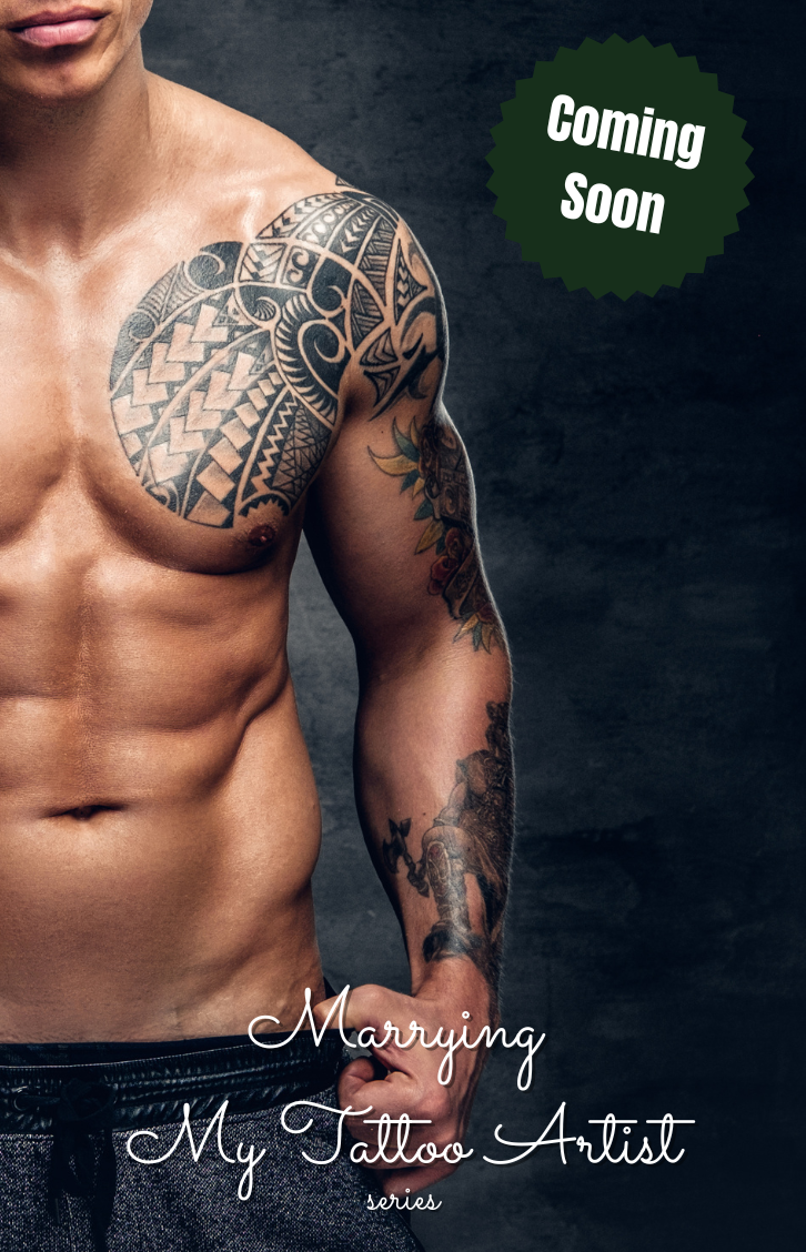 gray background, close up of muscular tattooed torso, white font