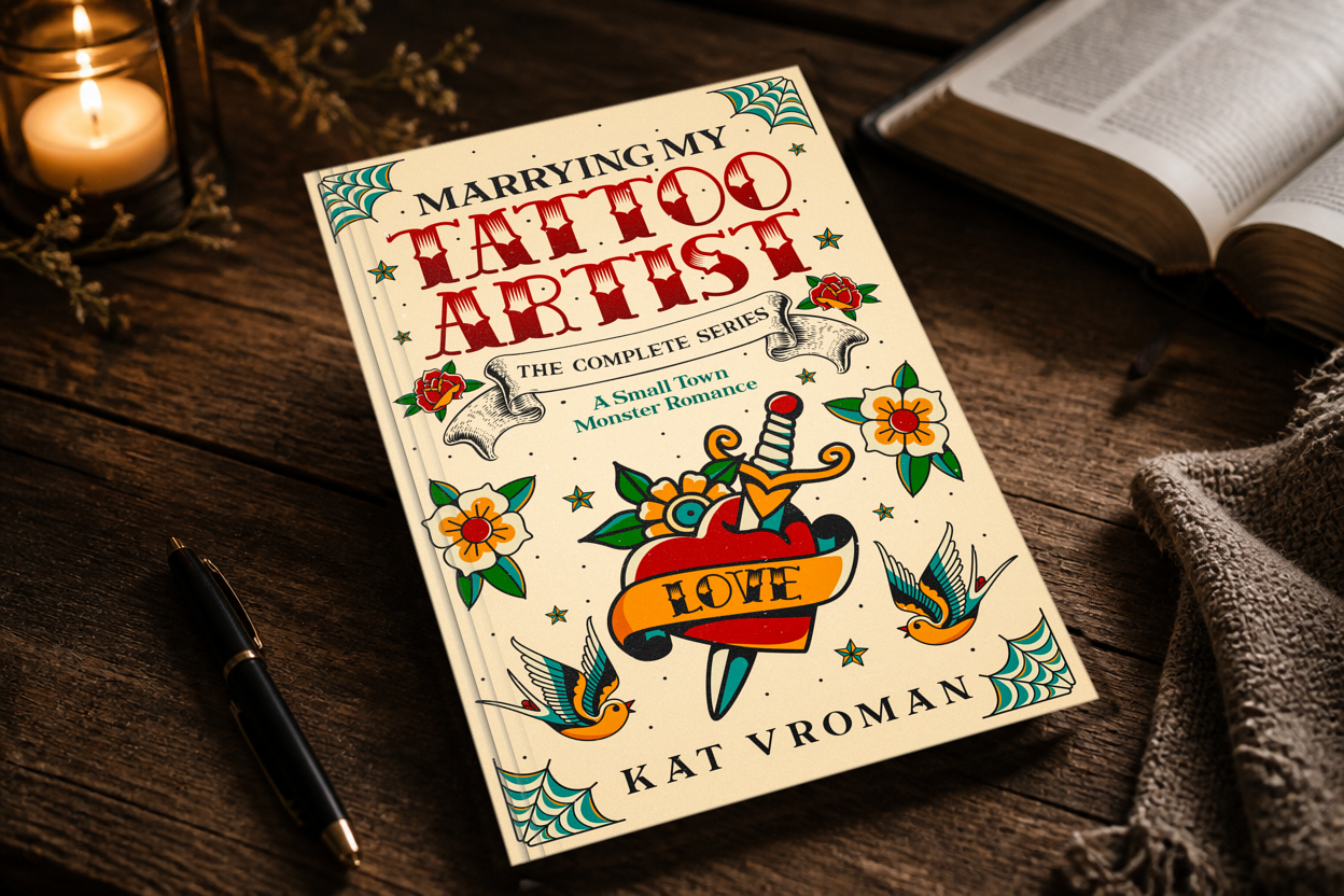 Marrying My Tattoo Artist: The Complete Series by Kat Vroman paperbackback on desk, with candle, pen, open book
