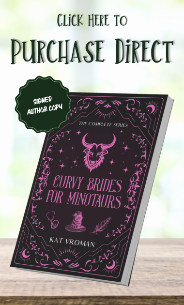 curvy brides for minotaurs by kat vroman paperback on wooden table, blurry window background