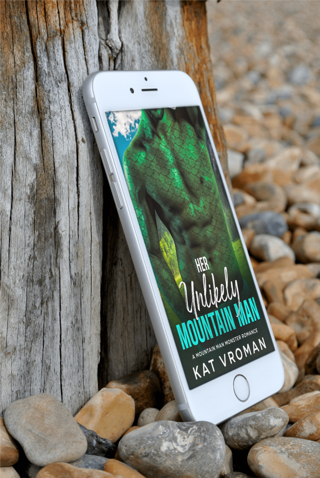 Her Unlikely Mountain Man by Kat Vroman on phone, on rocks against wood