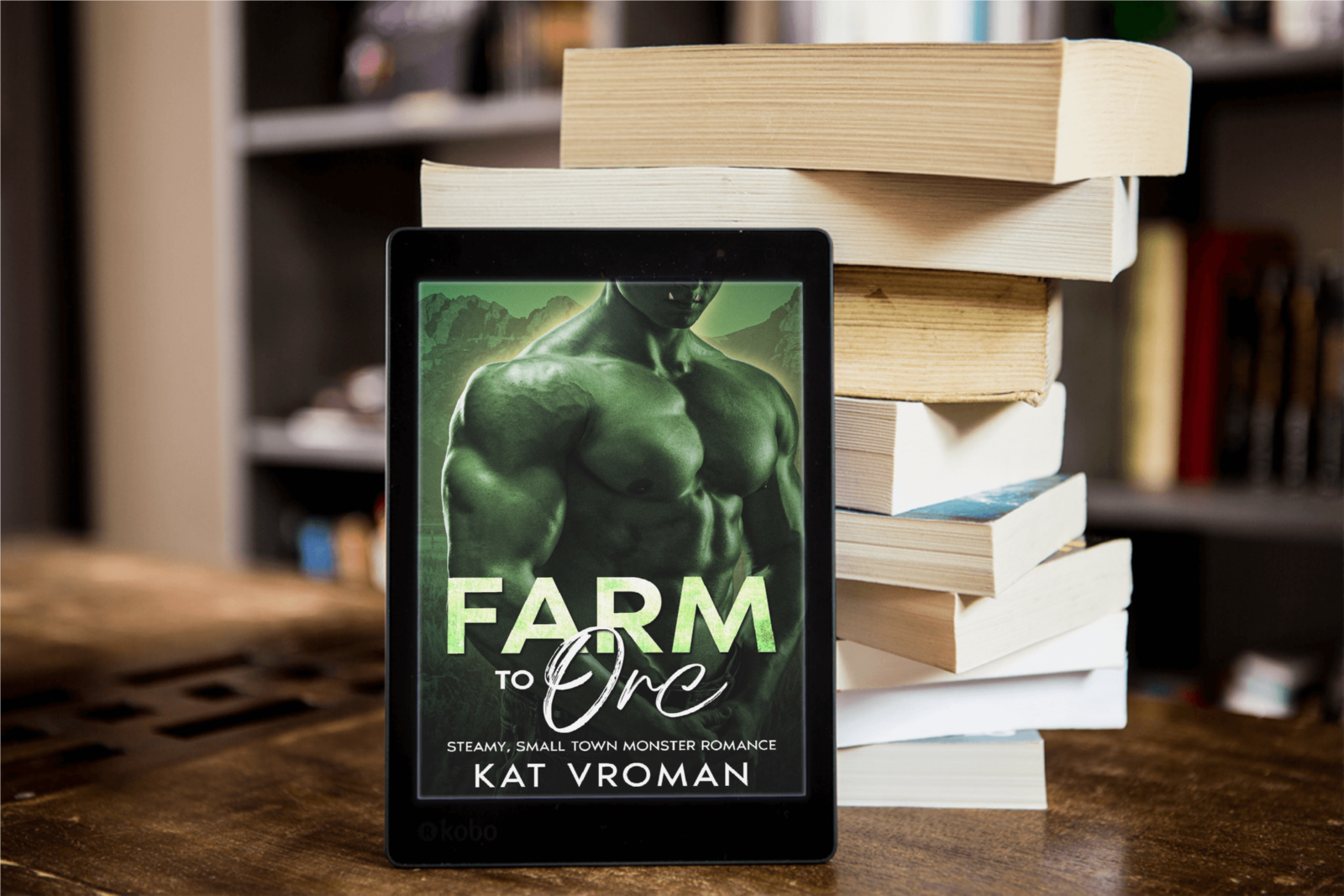 Farm to Orc by Kat Vroman on tablet with stacked books