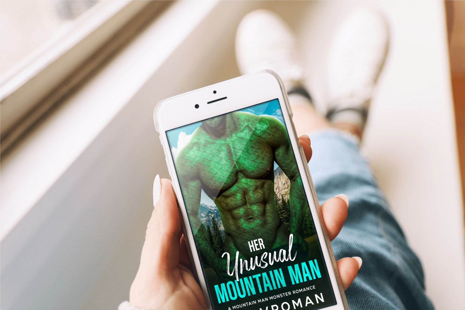 Her Unusual Mountain Man by Kat Vroman on phone held by woman
