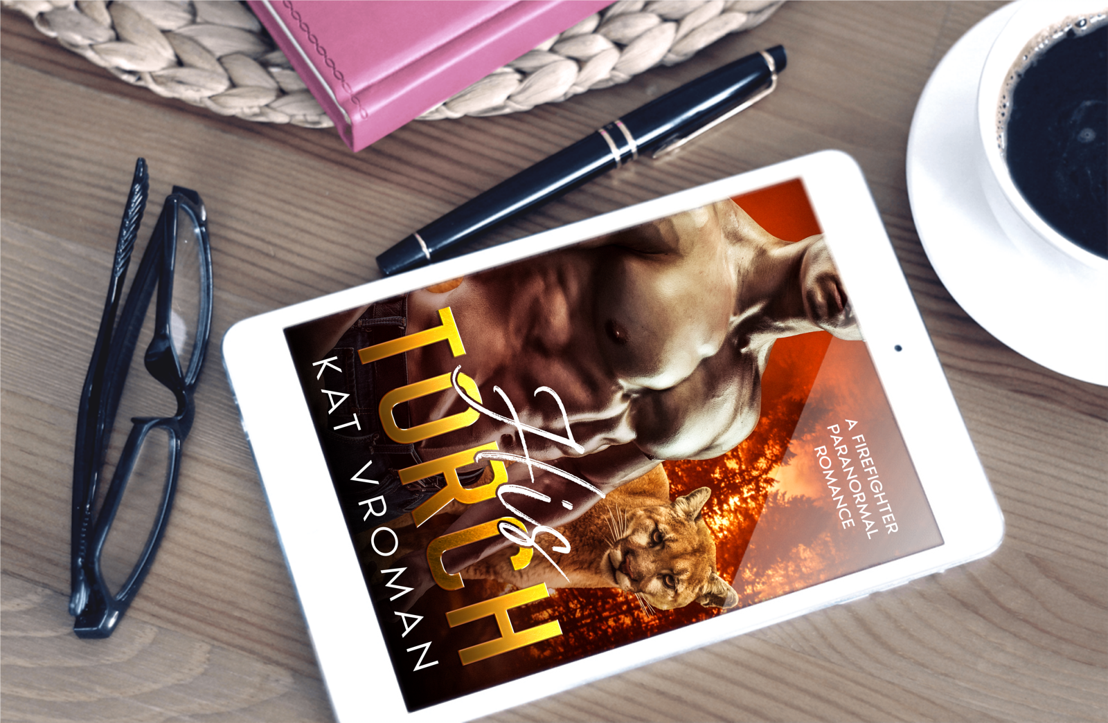 His Torch by Kat Vroman on tablet with coffee and glasses