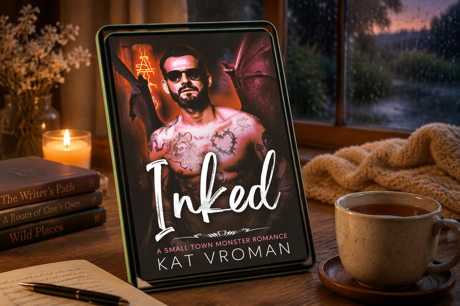 Inked by Kat Vroman on tablet with rainy window, coffee, and candle