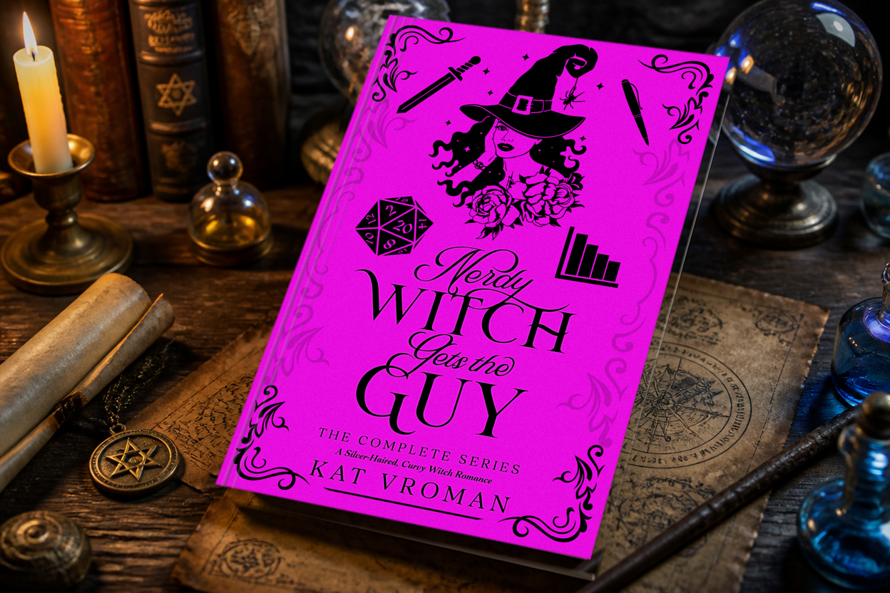 Nerdy Witch Gets the Guy: The Complete Series by Kat Vroman book with candle, wand, magic books, crystal ball