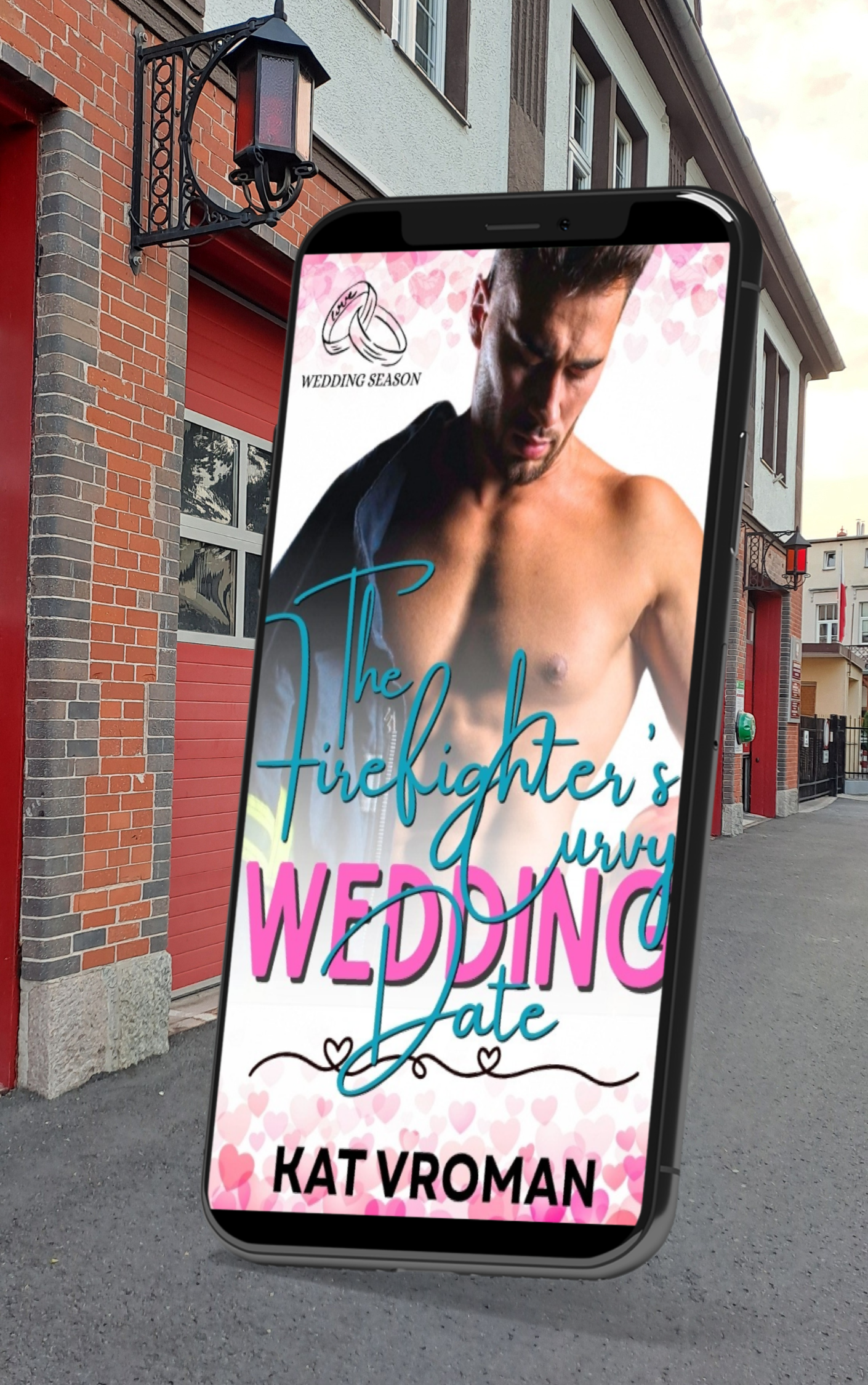 the firefighter's curvy wedding date by kat vroman on large cell phone with fire station in background