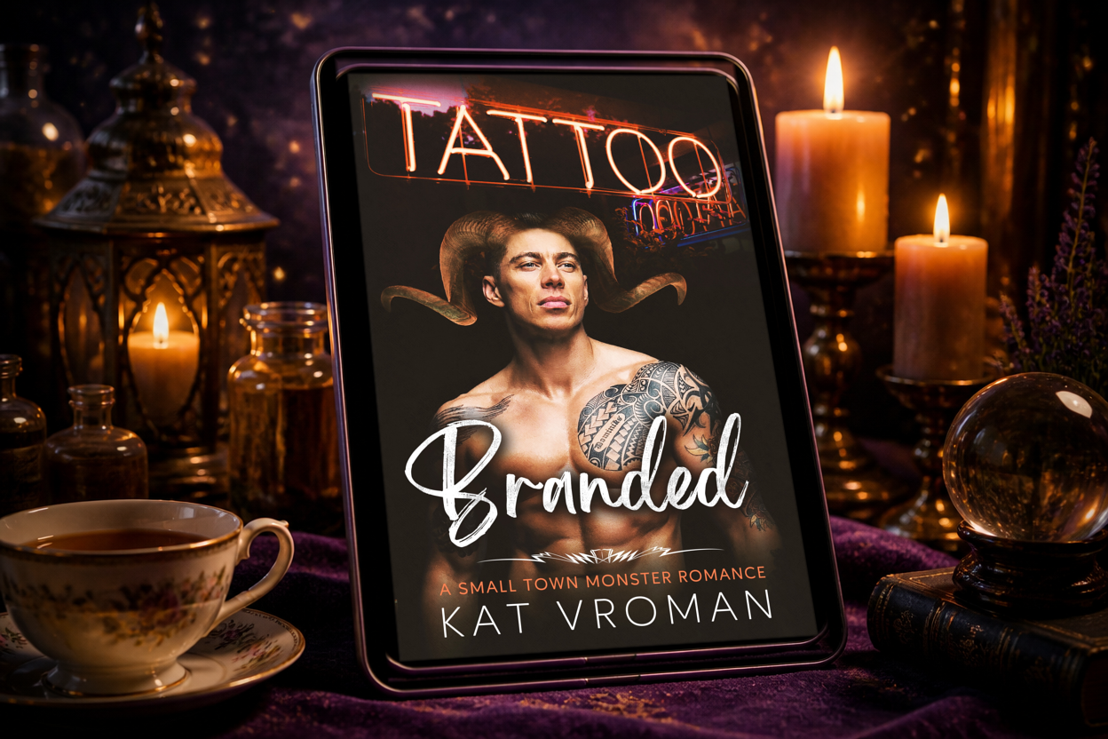Branded by Kat Vroman on tablet with candles and tea