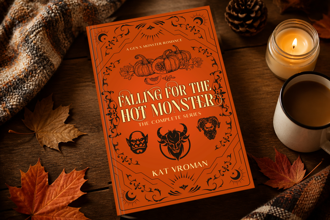 Falling for the Hot Monster: The Complete Series by Kat Vroman on table with fall leaves, candles, coffee