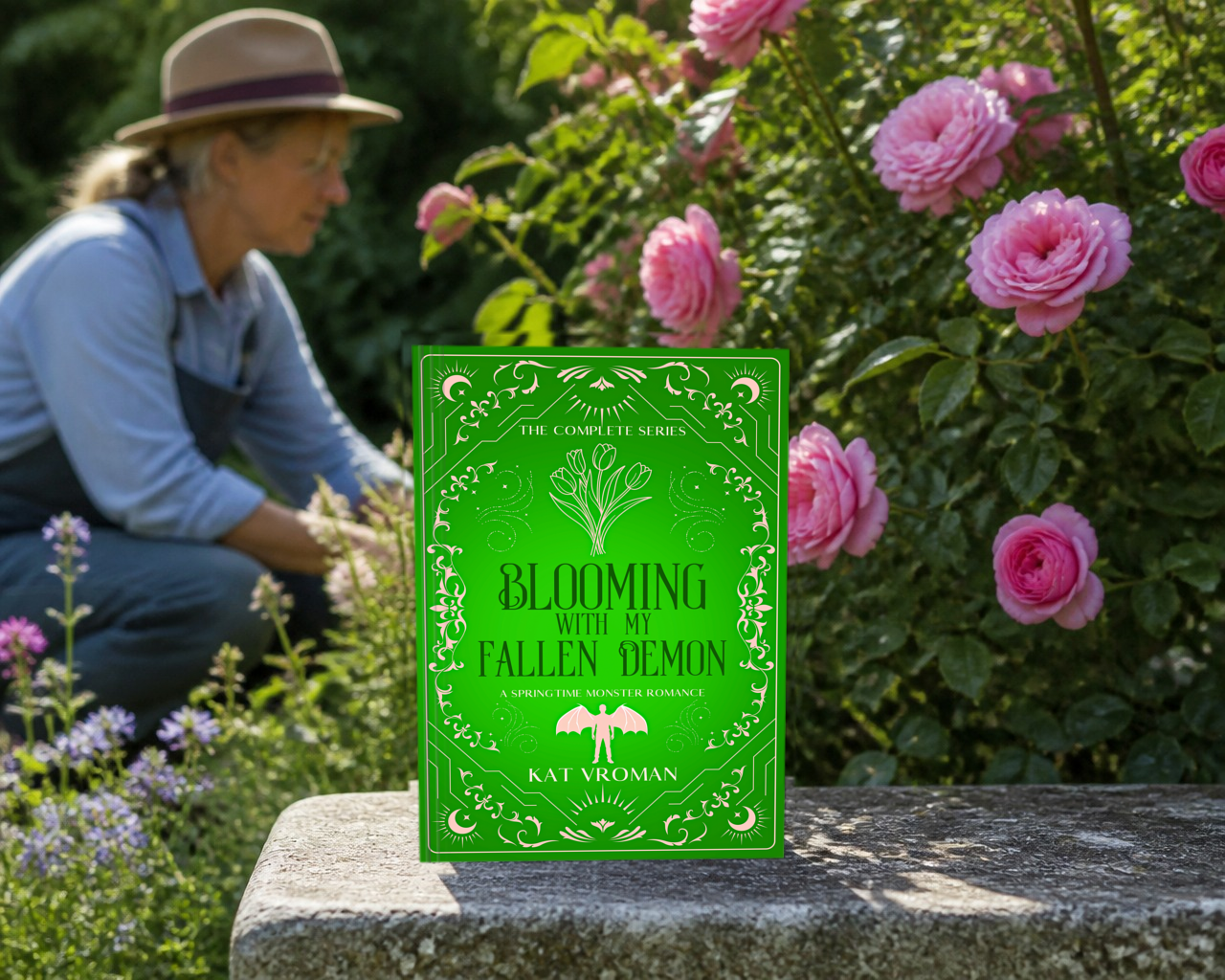 Blooming with My Fallen Demon: The Complete Series by Kat vroman with woman gardening in background and pink roses