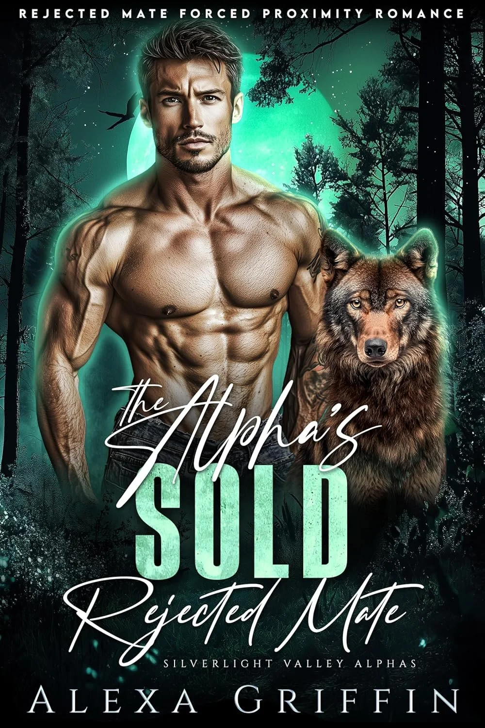 shirtless muscular man, wolf, dark forest background