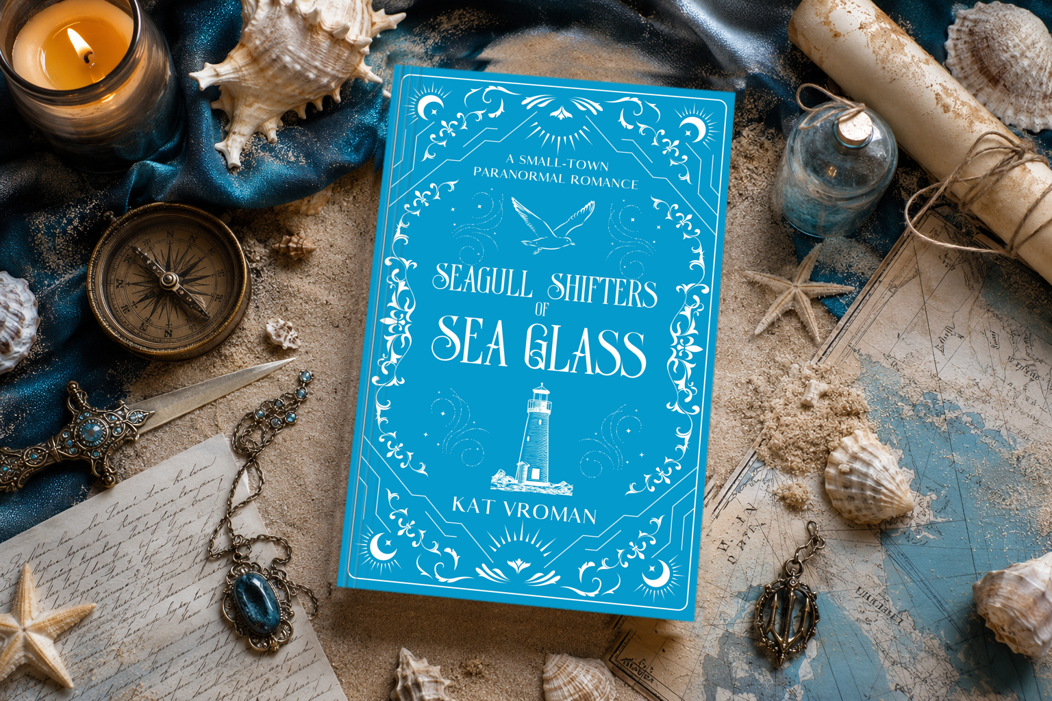 Seagull Shifters of Sea Glass: The Complete Series by Kat Vroman book with map, shells, candle, compass, sand