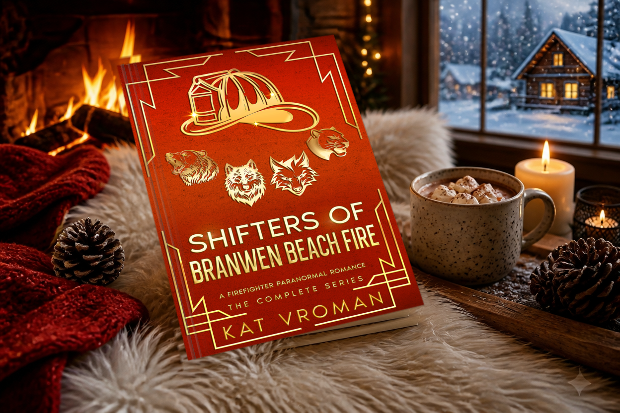 Shifters of Branwen Beach Fire: The Complete Series paperback on furry blanket with hot cocoa, candles, snowy window