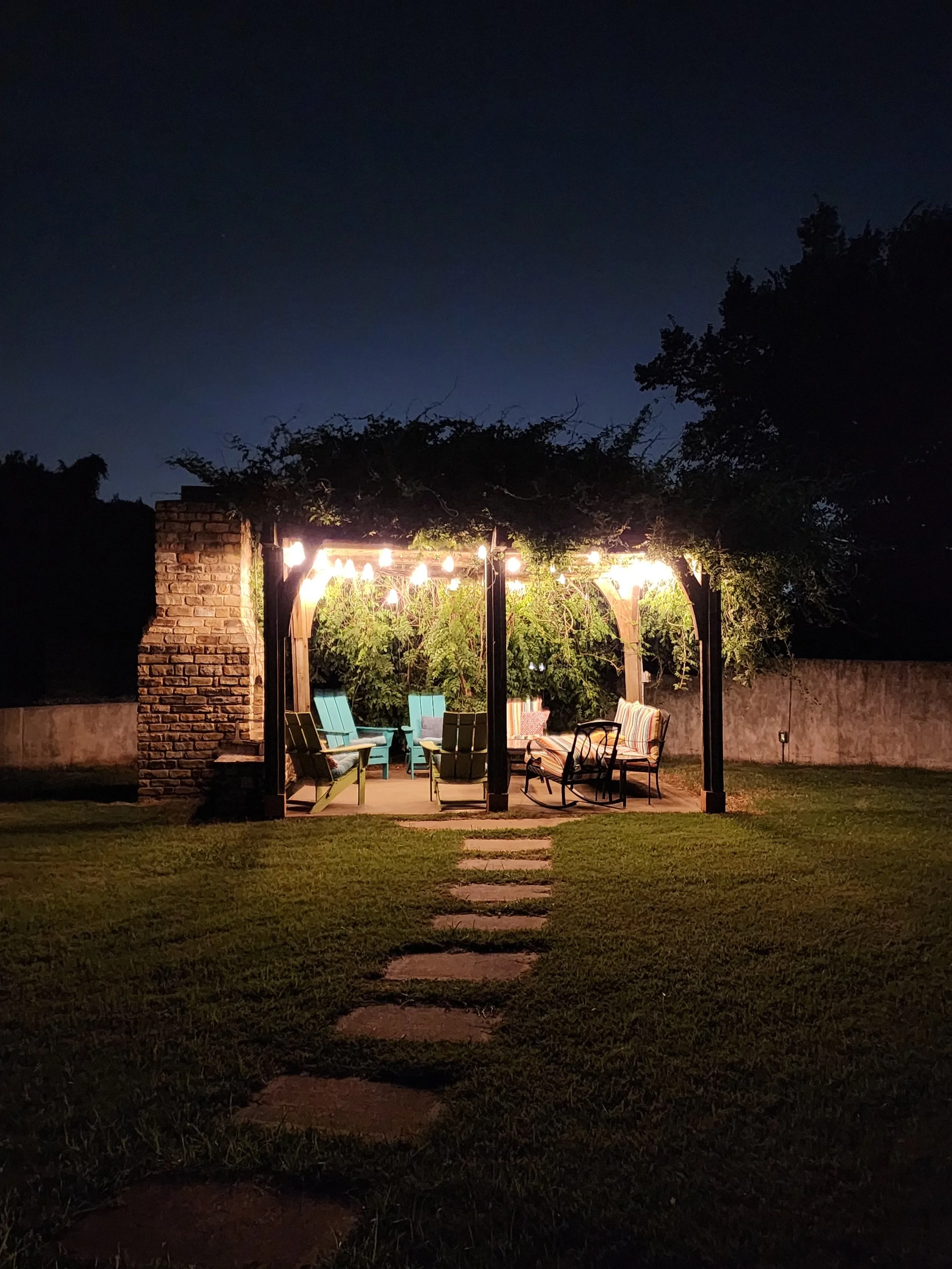 Pergola at night, Rose Graham Quilting Retreat, Broken Arrow, OK