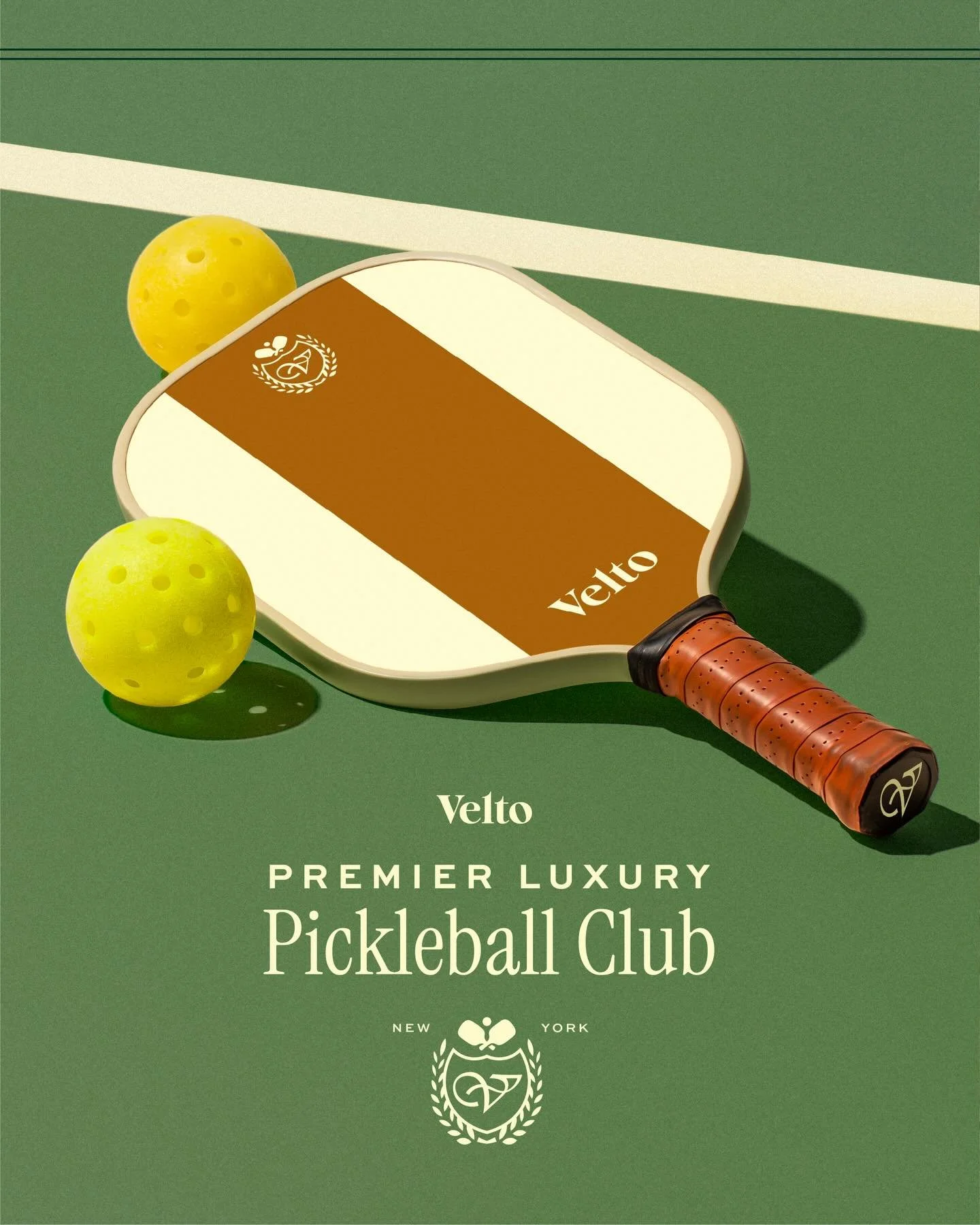 The Velto Pickleball branding tells the story of art in motion. The brand mark, crests, typography, and colors are tied together seamlessly when applied to paddles, interiors, merchandise, and marketing materials, creating a brand that Velto visitors