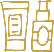 Two bottles with labels, designed with simple, abstract style, using gold and white colors.