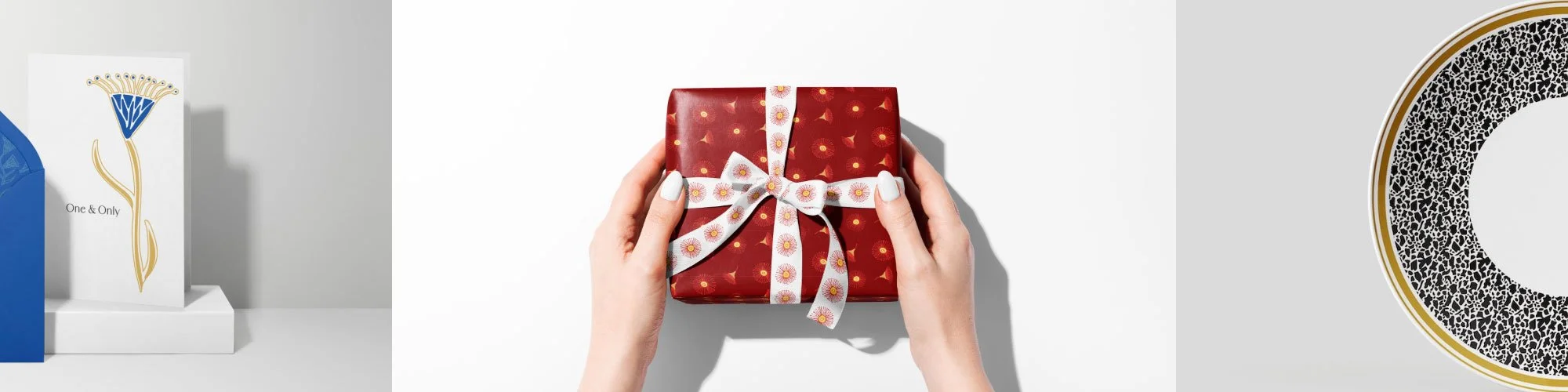 Wrapping Paper, Gift box wrapped in geometric pattern paper with black ribbon, Product packaging graphics, Commercial design solutions, Surface design, Product concepts, Product packaging graphics