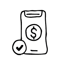 Graphic & Website Design -Line drawing of a mobile phone with a dollar sign on the screen and a checkmark below it.