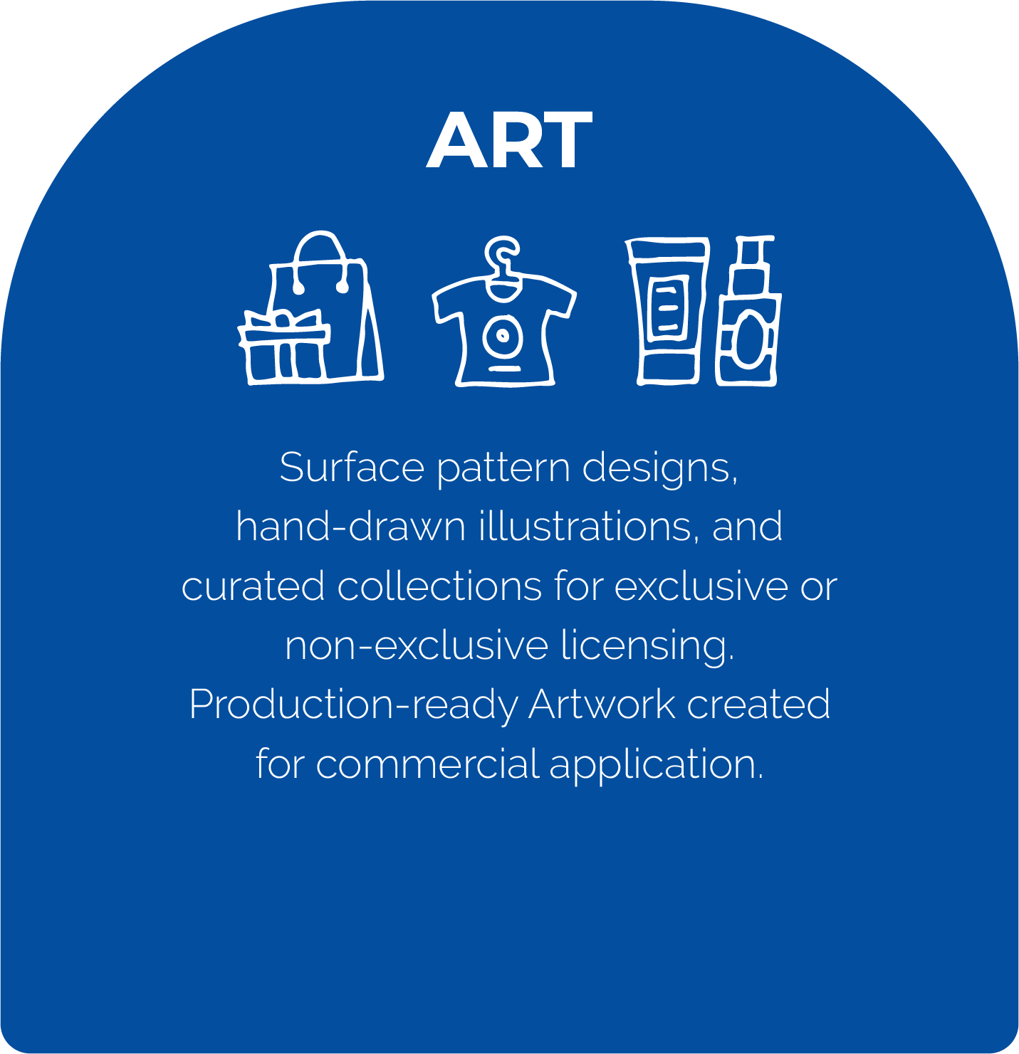 Australian Design Studio .Blue circular graphic with white hand-drawn art patterns, a shopping bag, a T-shirt, and packaging, with white text about ART surface pattern designs for exclusive and non-exclusive licensing, and artwork for commercial use.