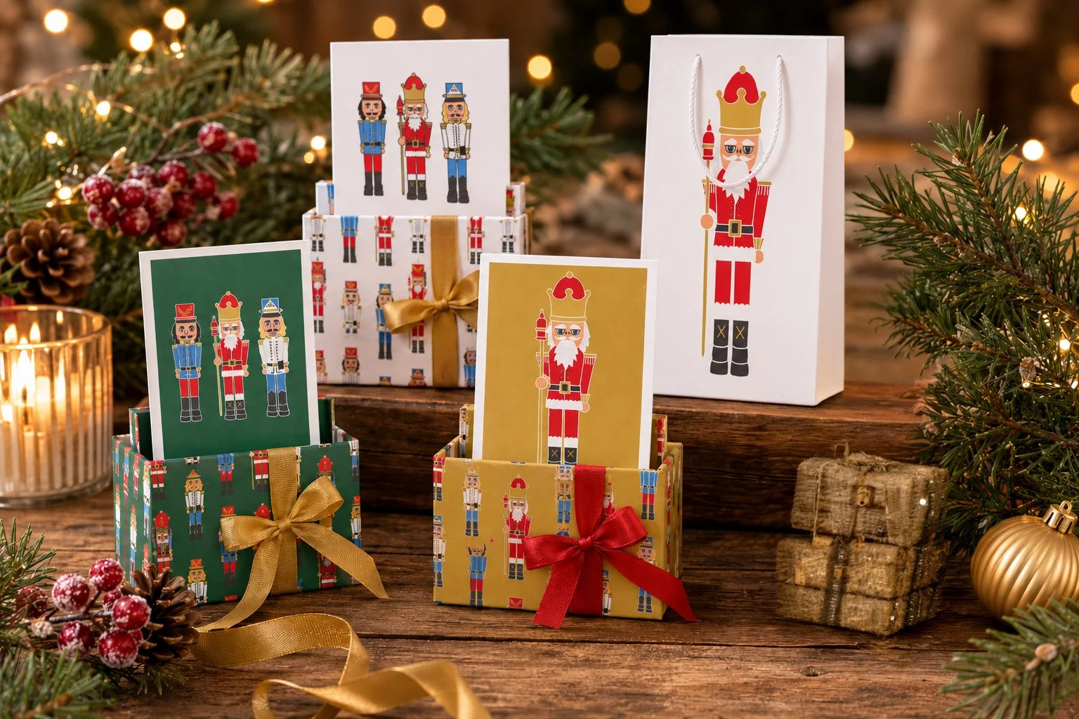 Christmas gifts and holiday decorations, including orange pinecones, red berries, pine branches, gold and red ribbons, golden ornaments, and wrapped presents with nutcracker designs, arranged on a wooden table with string lights and a cozy background.