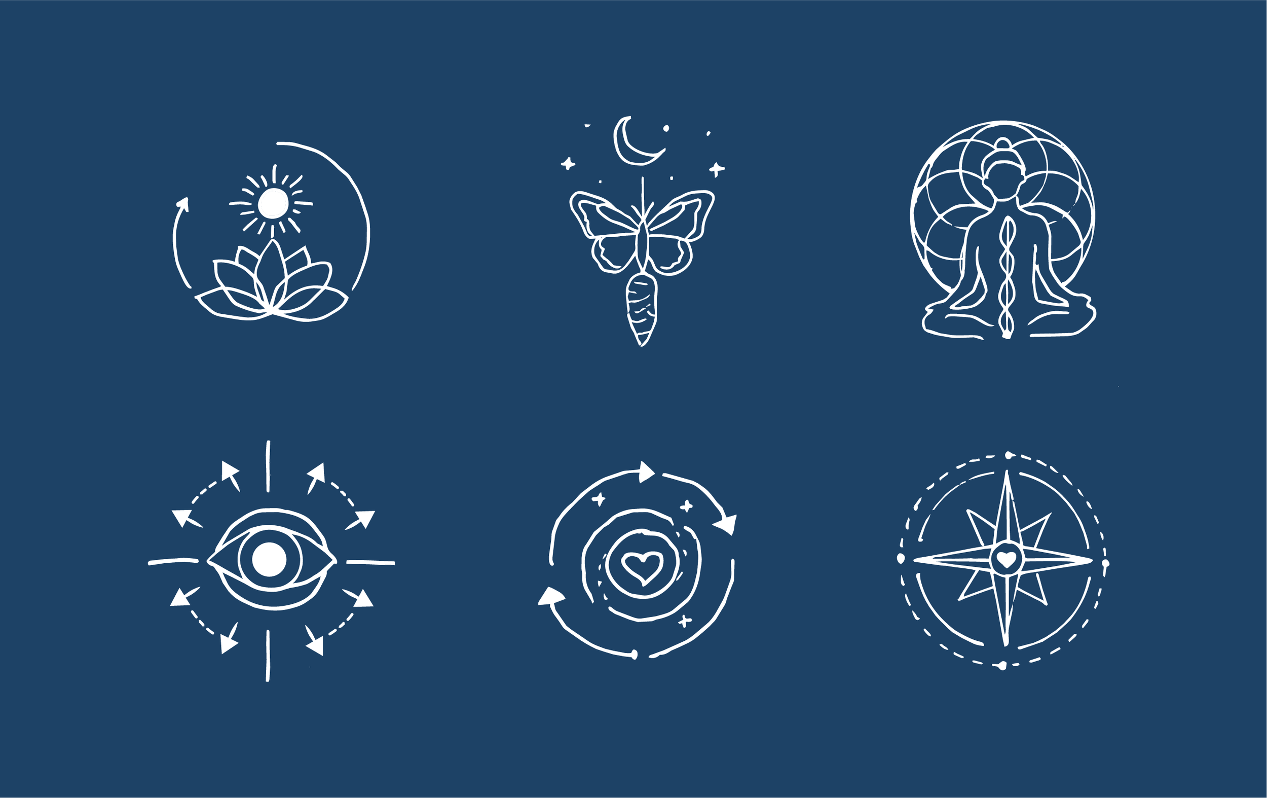 Collection of minimalist line art meditation, mindfulness, and spirituality icons in blue on a light background.