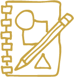 Line drawing of notebook with shapes and a pencil on top