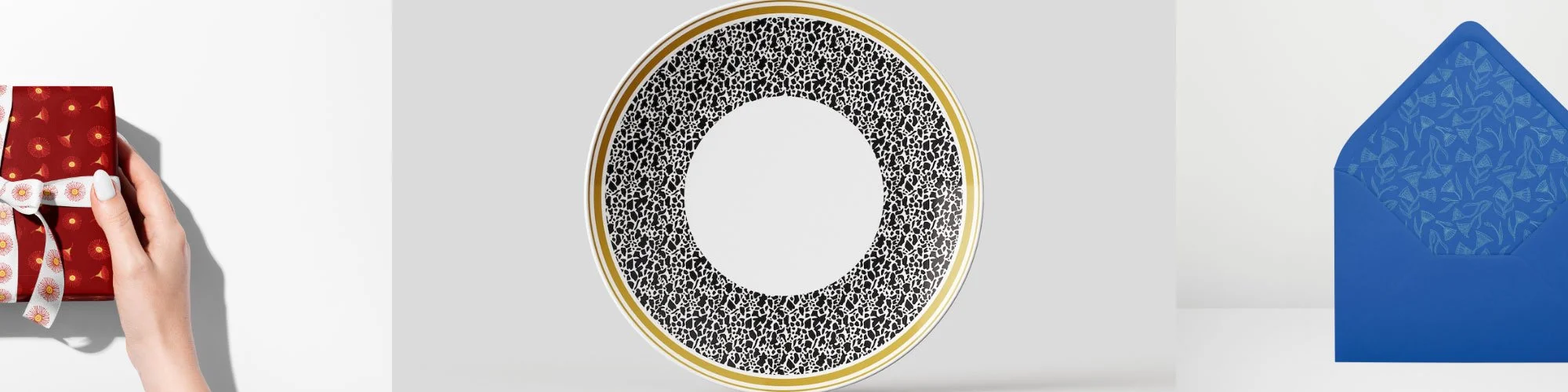 Plate with animal print design and gold line rim. Commercial design solutions, Surface design, Product concepts, Creative direction for brands
