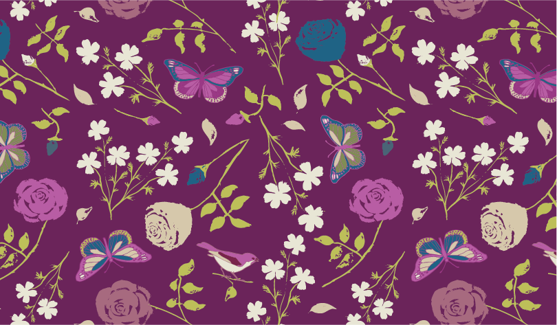 Pattern of purple roses, white flowers, butterflies, and green leaves on a purple background.