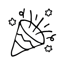 Graphic & Website Design -Party popper with confetti and star-shaped decorations.