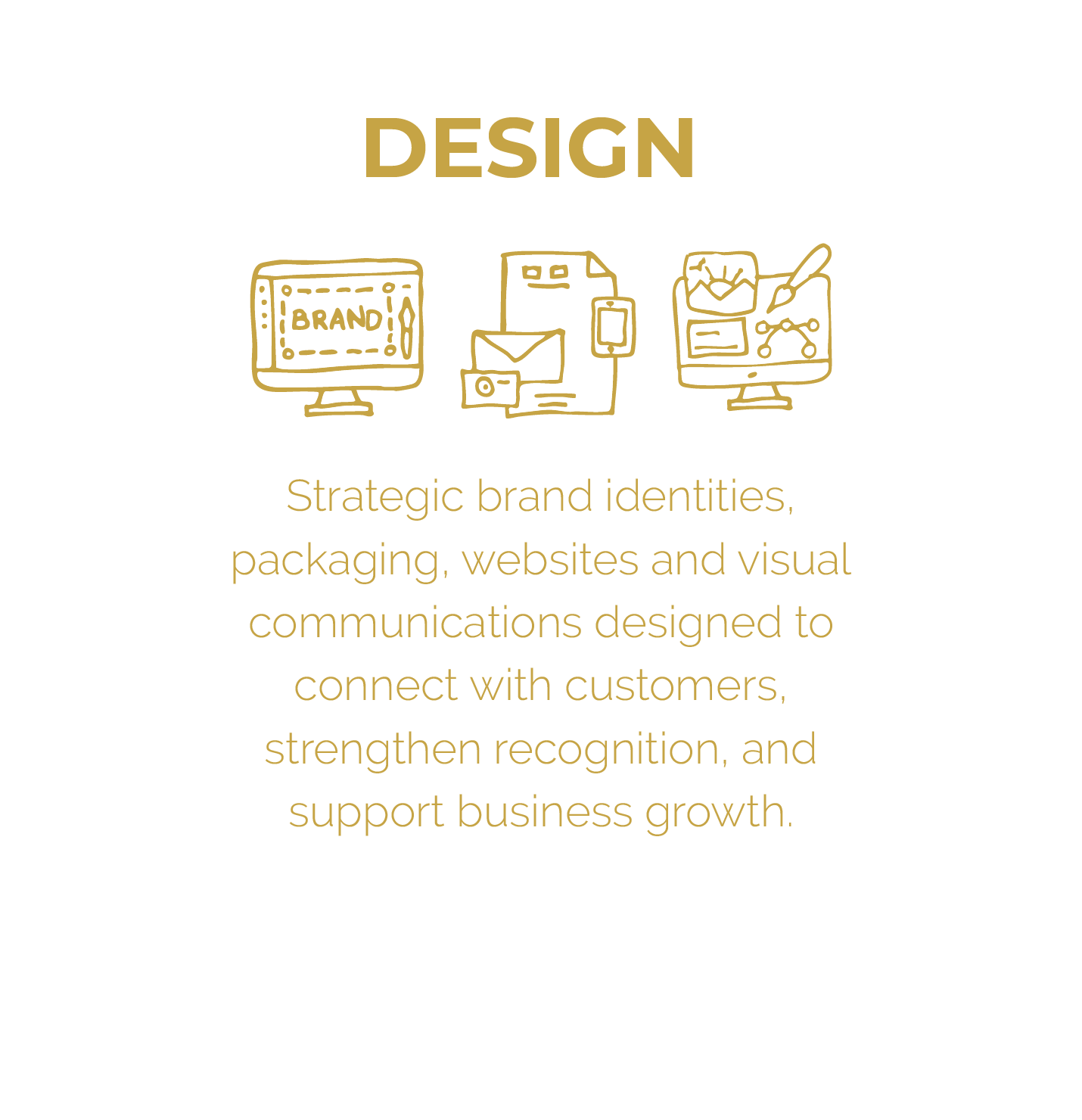 A digital graphic with a white background and gold accents. The top features the word 'DESIGN' in bold, uppercase letters. Below are three simple gold line drawings: a computer monitor displaying 'BRAND', a collection of branding and digital communication icons, and a computer monitor with design tools. The text below explains the importance of strategic brand identities, packaging, websites, and visual communications for connecting with customers and supporting business growth.