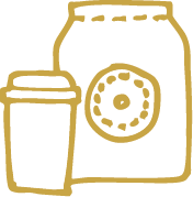 Outline of a cup with a lid and a bag with a lable next to it.