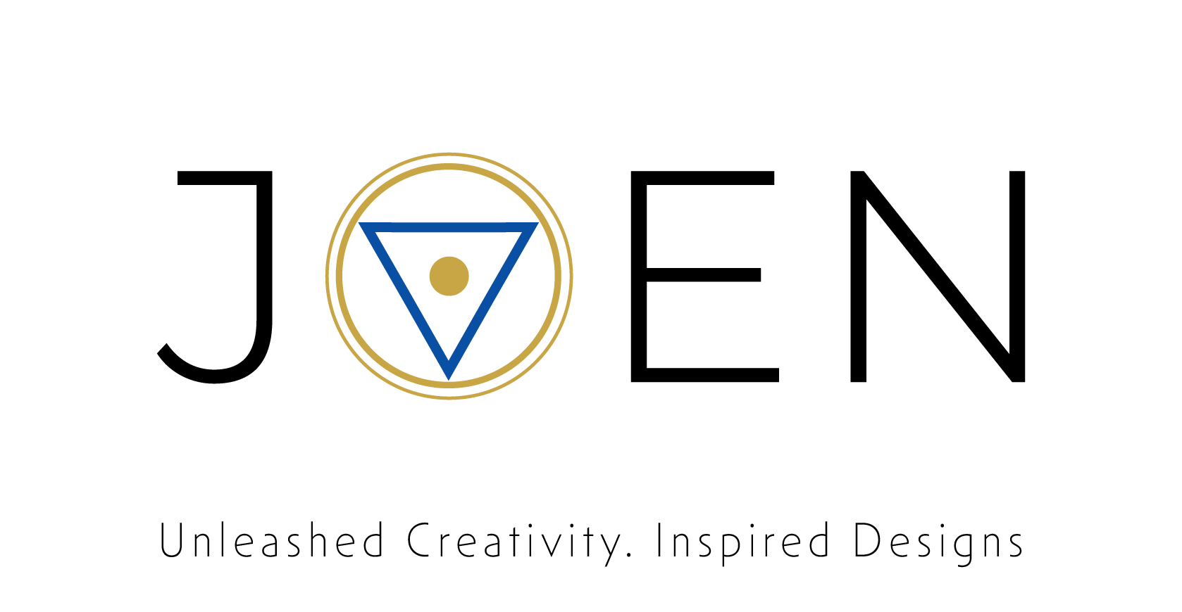 A black background with gold and blue symbols and text. In the center, a gold circle with a smaller blue circle inside and a downward-pointing blue triangle. Text read JOEN unleashed creativity, inspired designs.