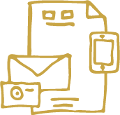 Brand collateral design, line drawing of paper, business cards, mobile phone