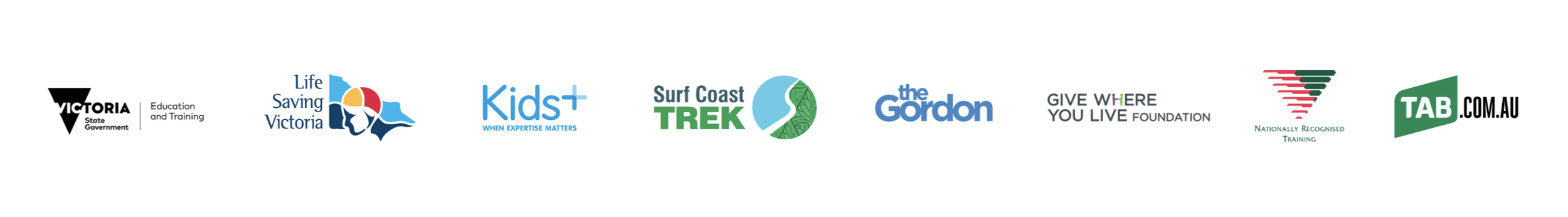 A series of logos from various organizations and companies, including Victoria State Government Education and Training, Life Saving Victoria, Kids+ with the tagline 'When Expertise Matters,' Surf Coast Trek, The Gordon, Give Where You Live Foundation, and TAB.com.au.