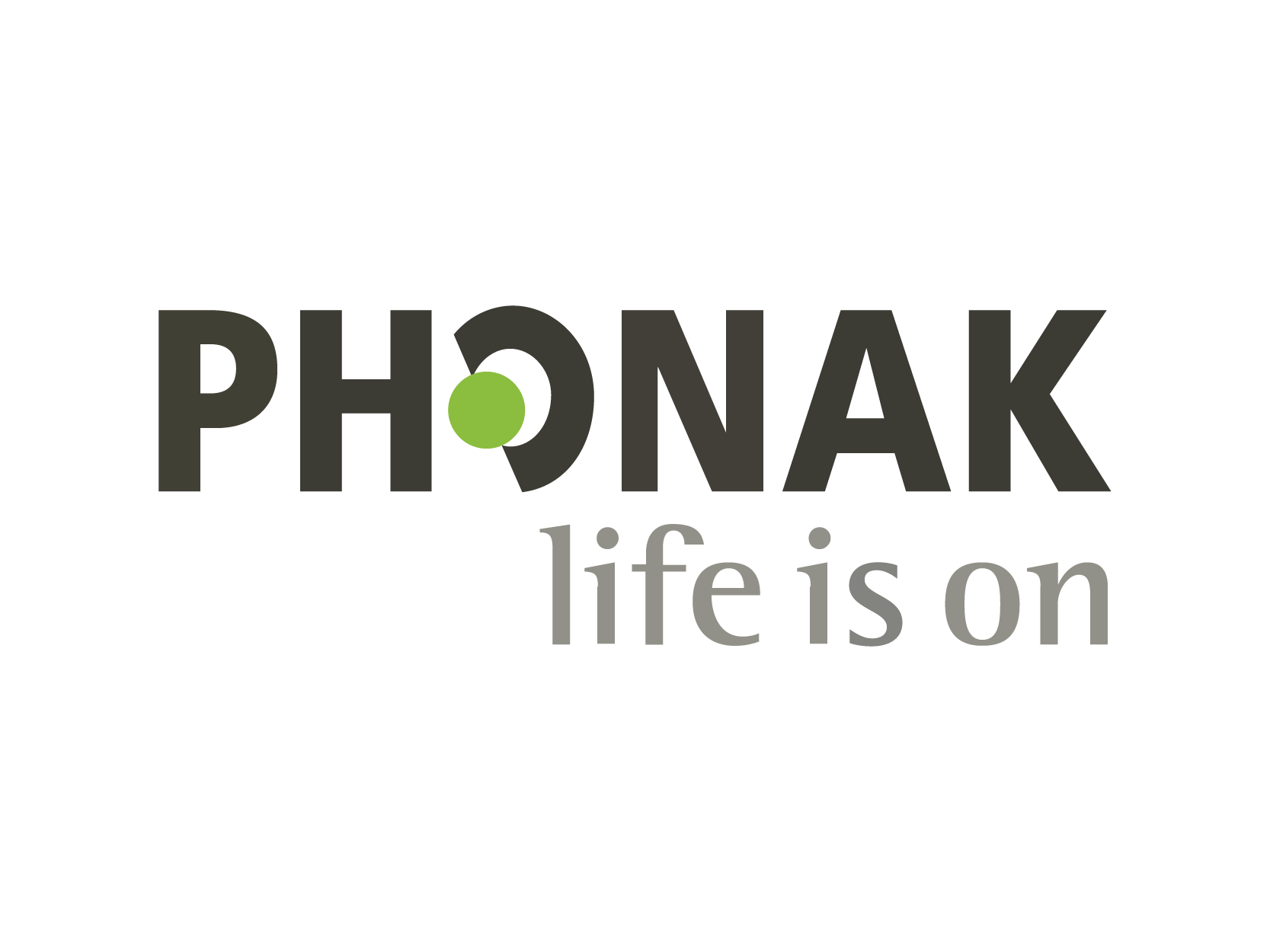 Le logo de Phonak, avec un texte disant "life is on" en dessous.