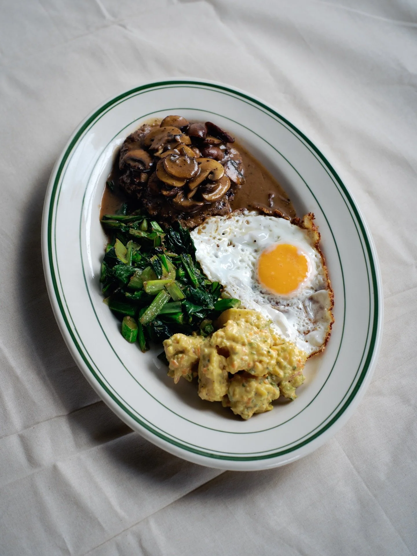 Burger steak | Swiss mushroom gravy, Wimpy&rsquo;s potato salad and buttered choy sum.

Bida ang saya&mdash;if you know, you know.