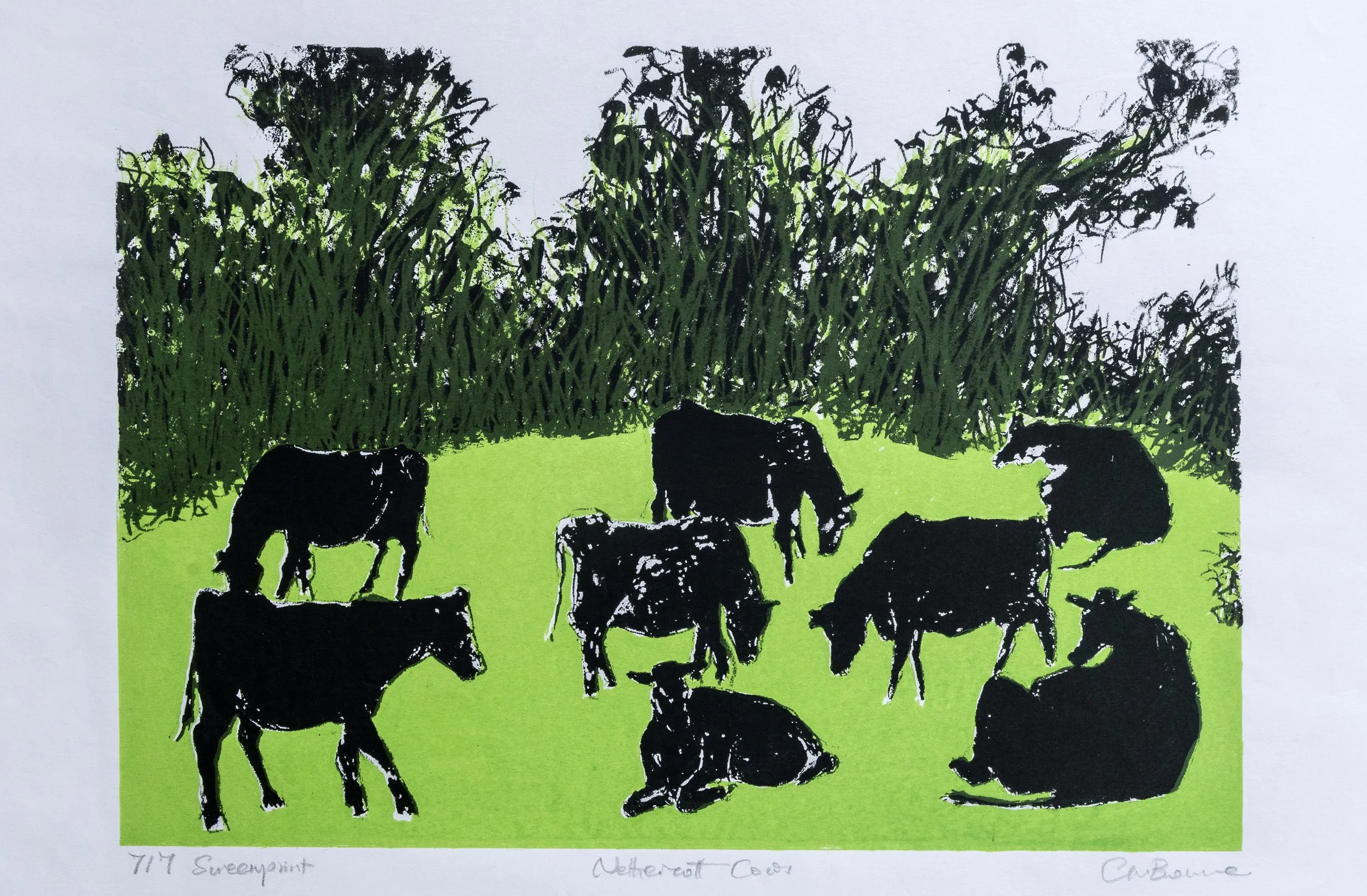 4 : Screenprint : "Nethercott Cows" in green