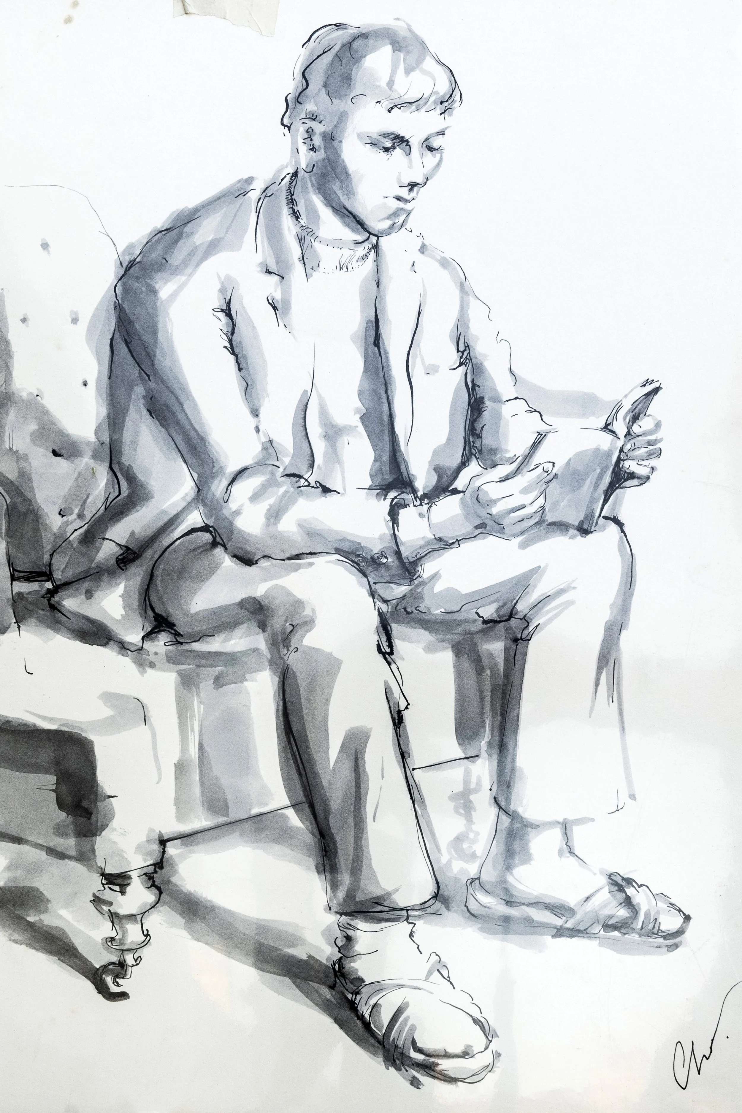 80 : Painting Pen Ink and Watercolour | "Man Reading"