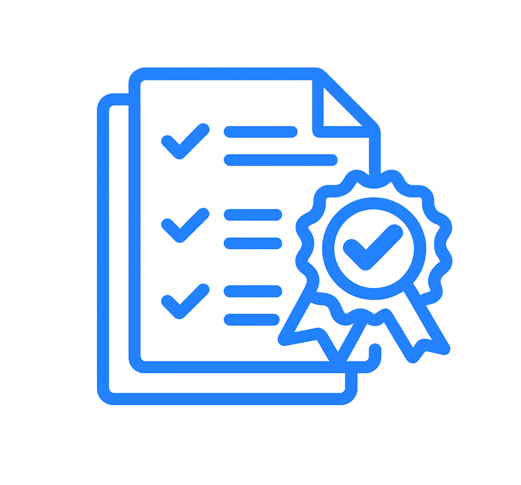 Icon of a document with checkmarks next to lines of text, a magnifying glass, and a ribbon badge with a checkmark, representing certification or approval of a checklist or document.