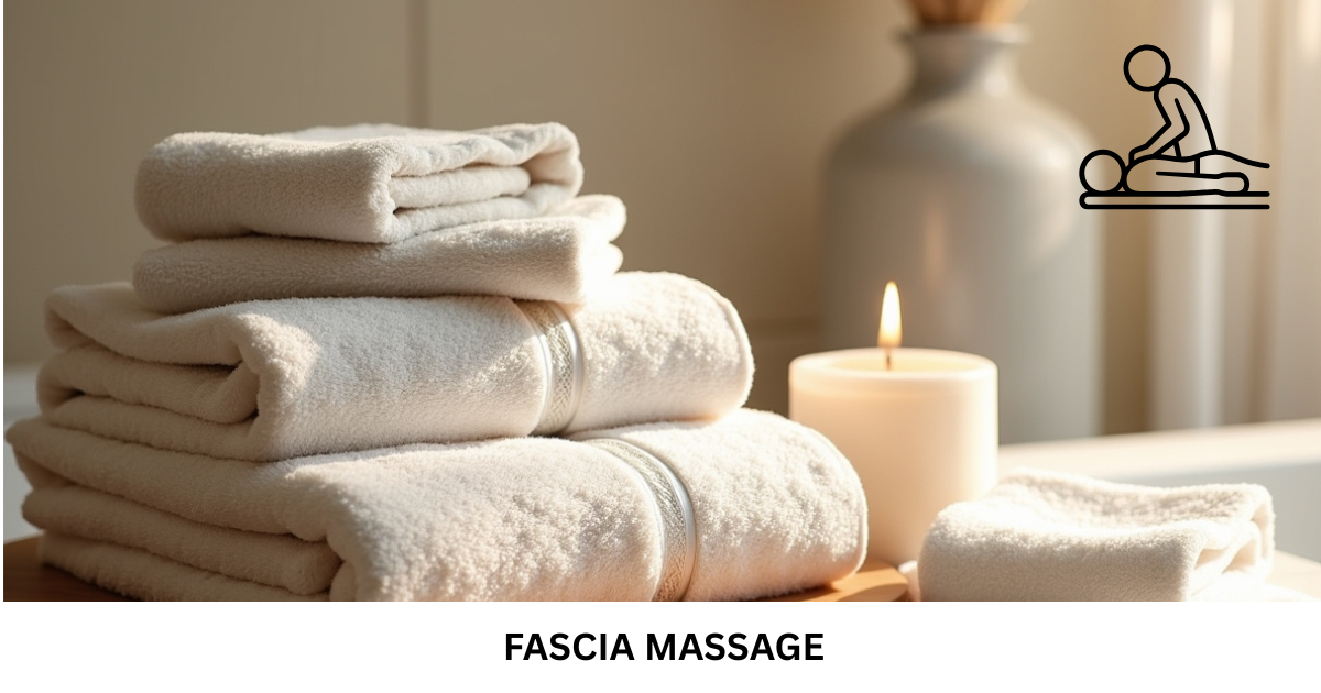 Folded massage towels and candle in a warm treatment room with Fascia Massage branding.