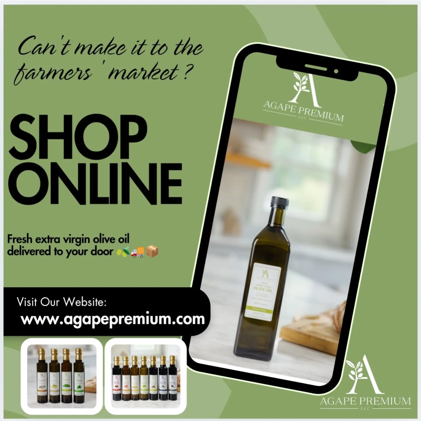📦 Can&rsquo;t make it to the farmers market?  We&rsquo;ve got you covered! SHOP ONLINE 🫒

You can order all your favorite products ONLINE! 🛒🌐
🛒 Visit our website to shop now! 🌐

www.agapepremium.com (link in bio) 

Whether you're out of town, l