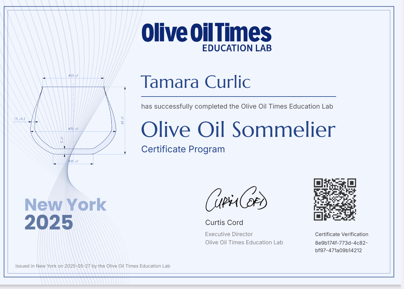 A certificate that Tamara Curlic is a Certified olive oil sommelier , certification by Oive oil times in New York 2025