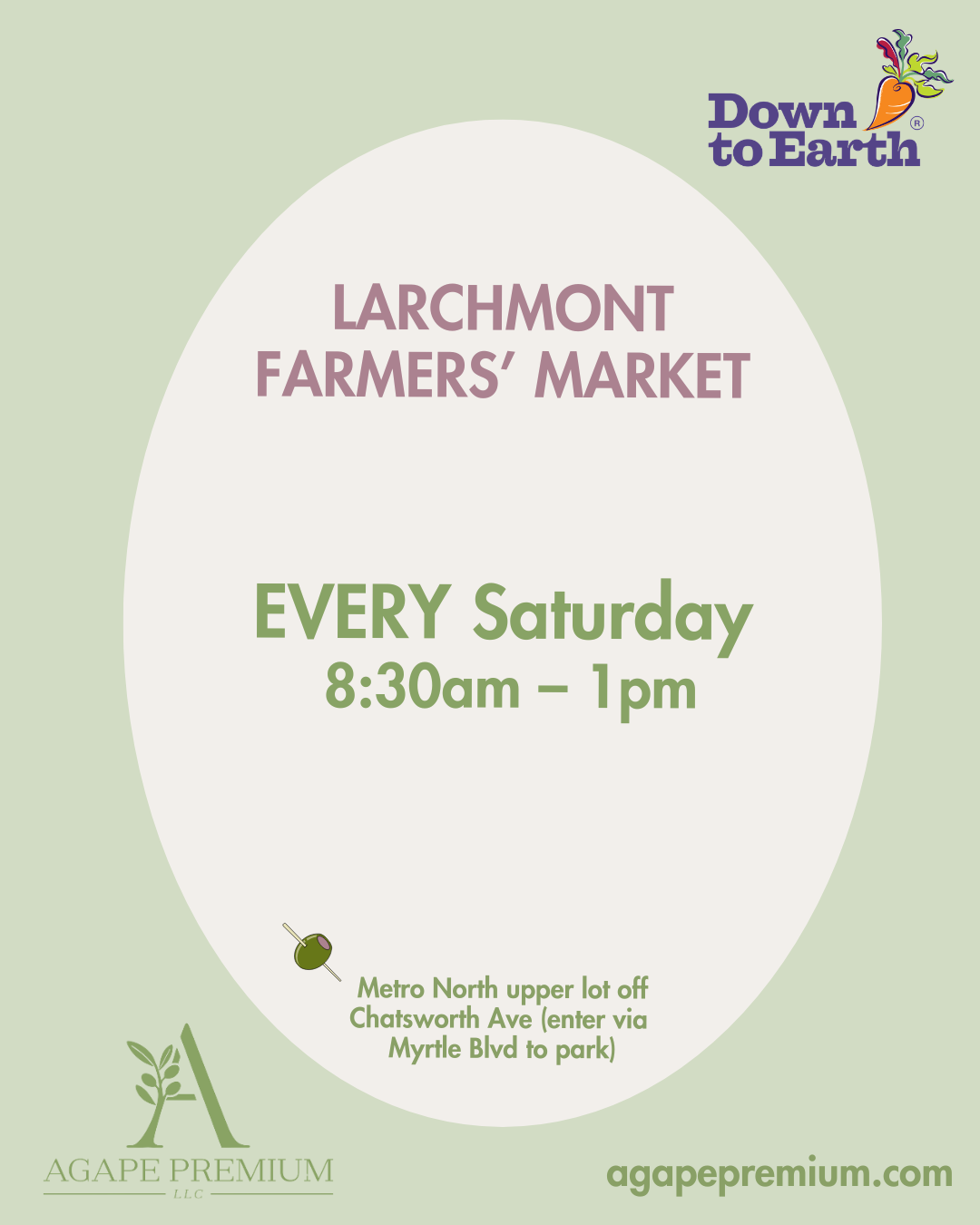 Greek extra virgin olive oil at the Larchmont Farmers Market in Westchester County. Agape Premium offers fresh, single-origin Koroneiki olive oil from Greece, bringing authentic extra virgin olive oil to the local farmers market community.