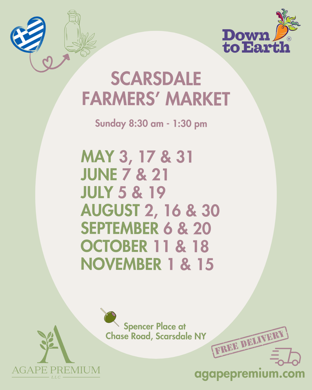 Greek extra virgin olive oil at the Scarsdale Farmers Market, Westchester NY. Agape Premium brings premium single-origin Koroneiki extra virgin olive oil from Greece to the farmers market, focused on freshness and quality.