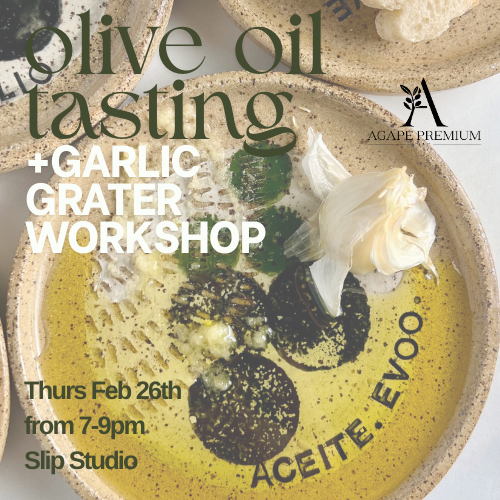 A bowl with olive oil, garlic, and black pepper, used for an olive oil tasting and garlic grater workshop.