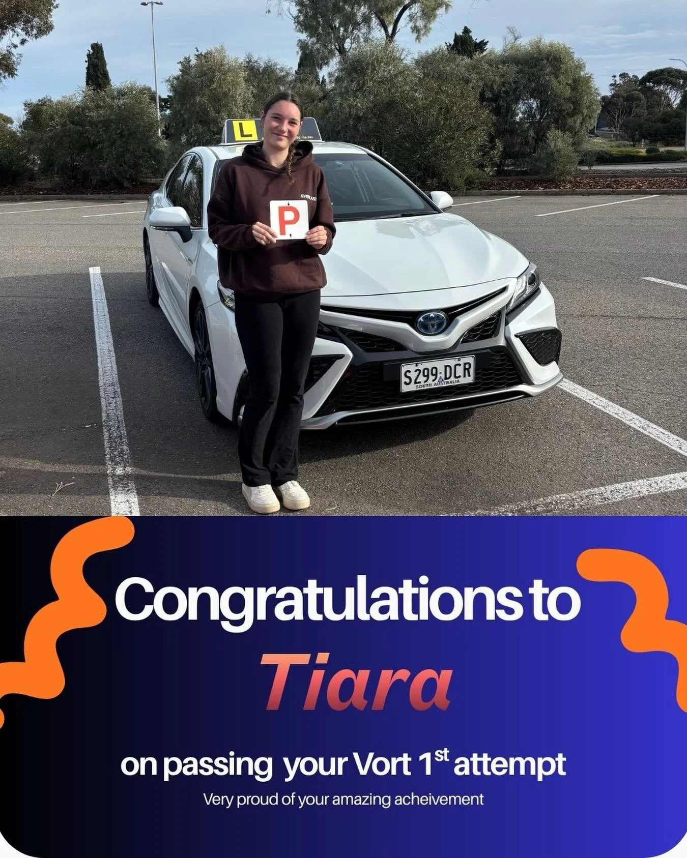 A huge congratulations to Tiara for an amazing drive on your Vort, a 1st time pass with a 95% score and performing all your manoeuvres correctly. 
I hope your car hunting is successful and you&rsquo;re on the road in no time. 
All the best for the fu