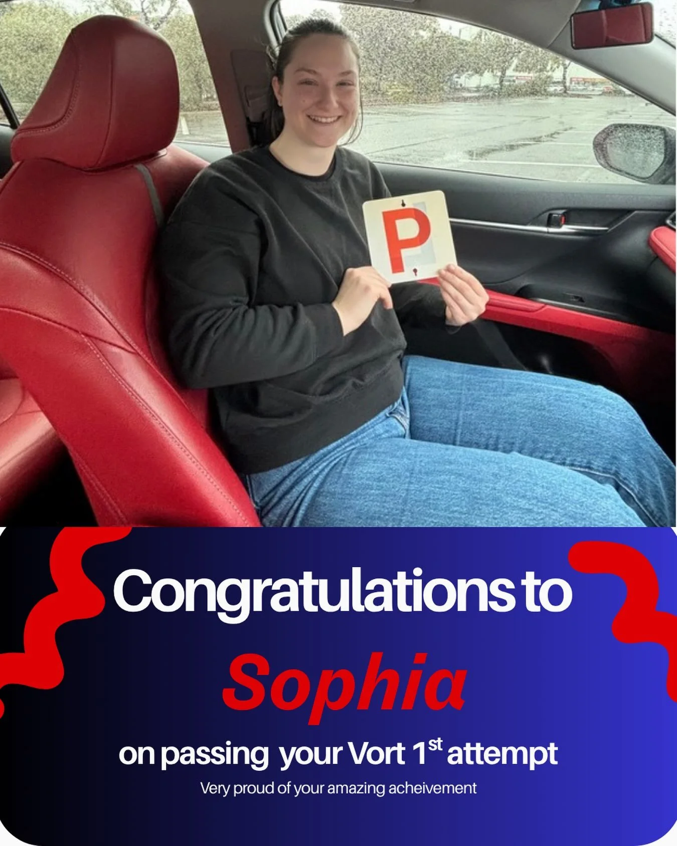 Today Sophia passed her Vort on the 1st attempt! Sophia didn&rsquo;t have many opportunities to drive between lessons but when she did she practiced incredibly hard. 
Sophia also thought outside the box, studying her lesson notes and the road rules a