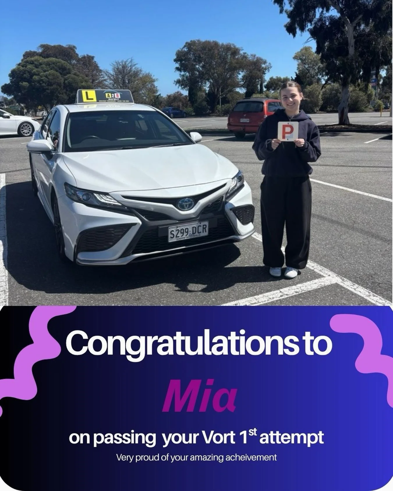 Congratulations Mia 👏👏👏on passing your Vort on the 1st attempt. You should be extremely proud of the way you managed your nerves, stayed focused and completed all the required manoeuvres correctly. 
Your commitment to practicing at every opportuni