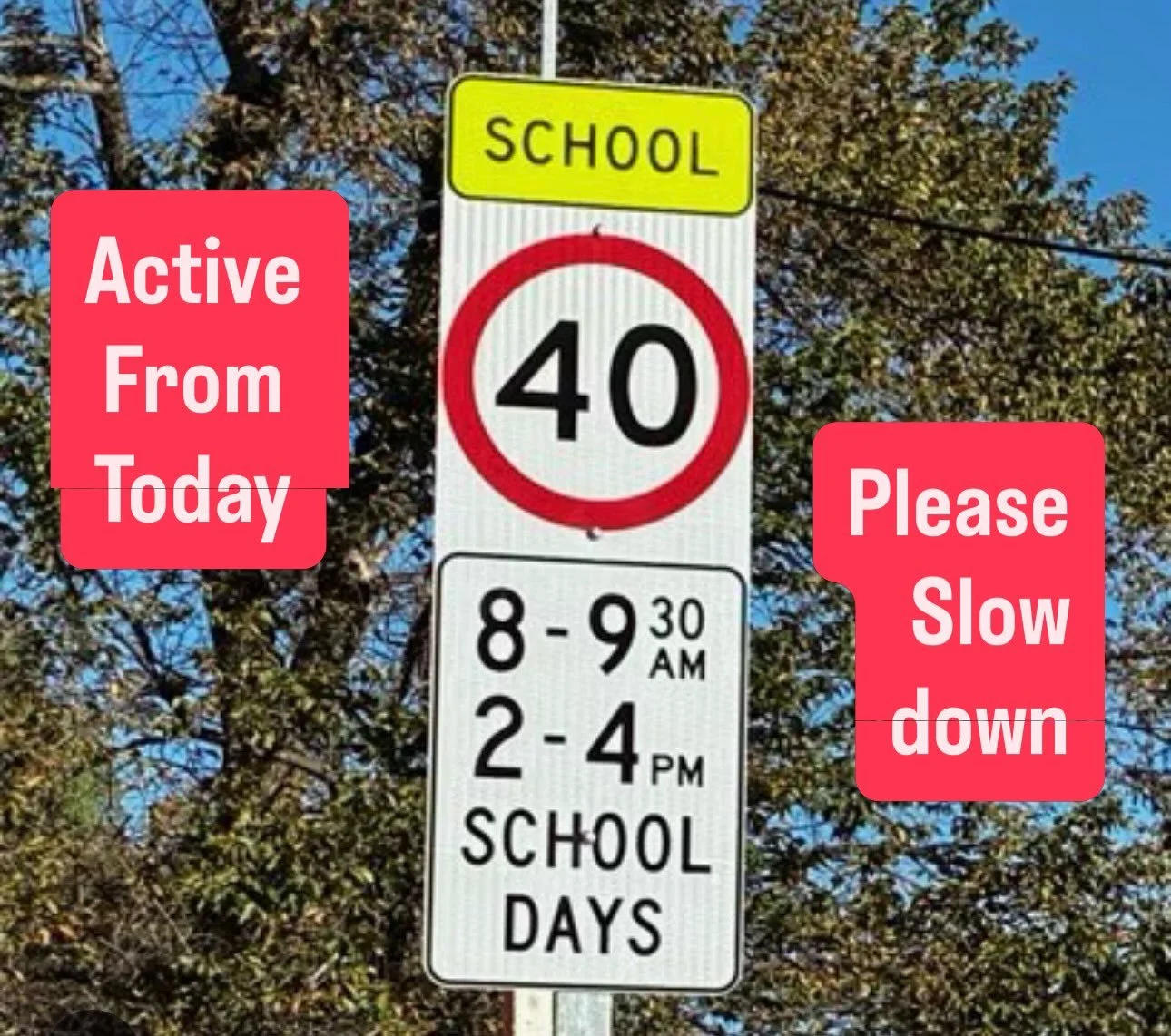 40km school zone are active again today. Please slow down before you enter this zone between 8am - 9.30am and 2pm - 4pm. 
Our kids are relying on you to keep them safe. 🚗
#slowdown #staysafeontheroad #responsabledrivers