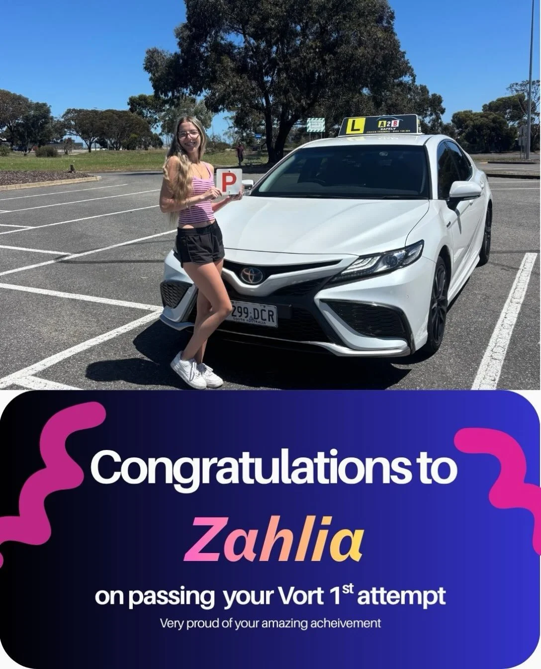 A huge congratulations to Zahlia!!!Passing Vort on the 1st attempt is a great achievement and I am incredibly proud. 😊
It&rsquo;s a little bitter sweet knowing our driving lessons have come to an end. I&rsquo;m going to miss your infectious smile, l